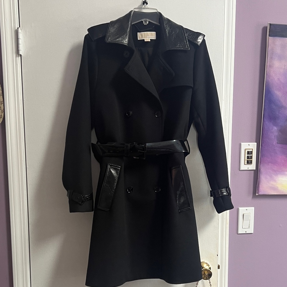 Michael Kors Black Trench Coat with Glossy Trim
